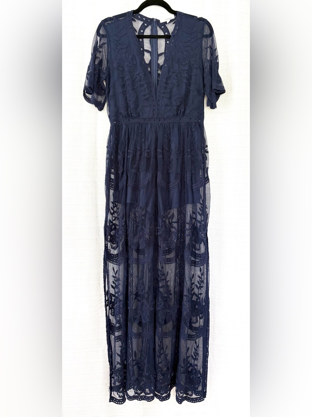 Women's Deep V-Neck Lace Romper Short Sleeve Long Dress - Picture 4 of 9